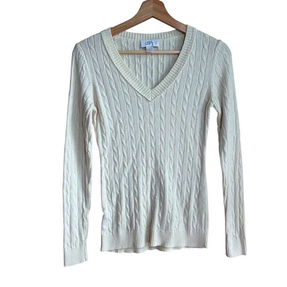Ann Taylor LOFT rabbit hair cream white cable knit ribbed sweater women's S